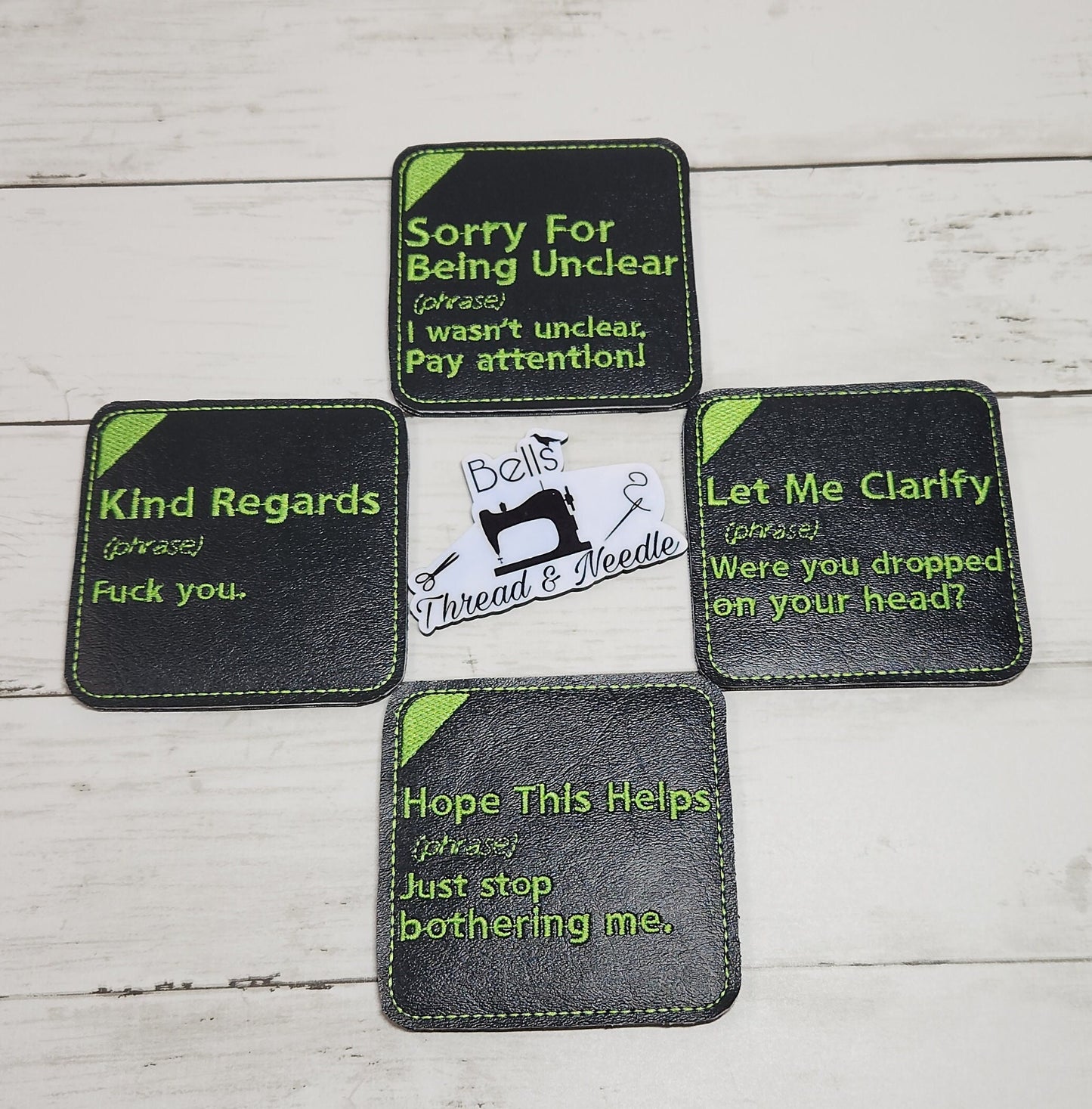 Passive aggressive drink coasters, Funny machine-embroidered coasters, Marine vinyl coasters, one-of-a-kind handmade coasters, house warming