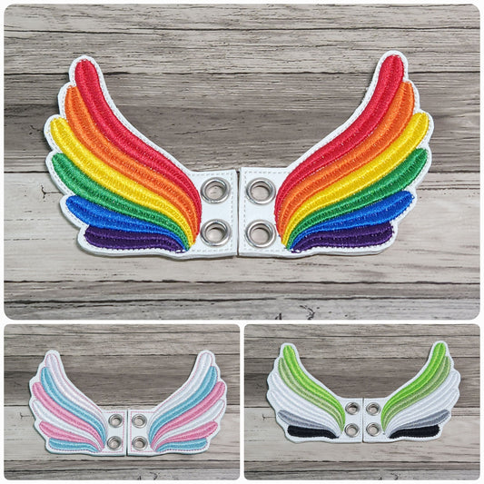 Shoe charms, Rainbow shoe wings, Pride, LGBTQIA, Shoe accessories, Embroidery, In the hoop, Handmade, Boot charms, Boot Accessories