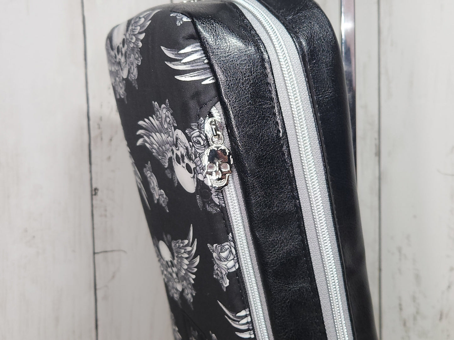 Gothic skull sling bag, Handmade one-of-a-kind skull shoulder bag, Skulls with wings, Across-the-body skull-themed bag, Skulls, and roses