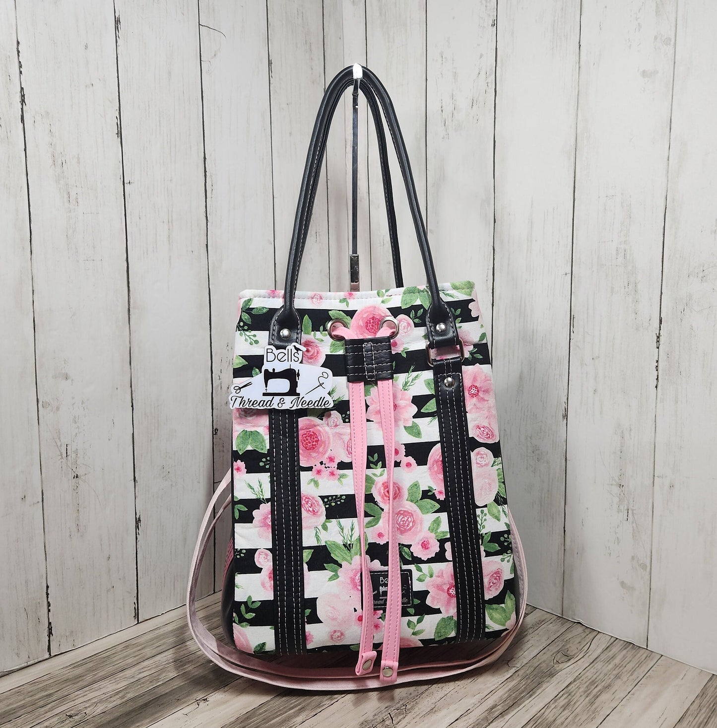 Pink and black rose drawstring purse, Handmade floral-themed bucket bag, One of a kind purse, Pink, black, white, Roses with stripes