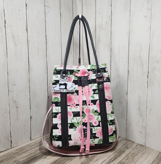 Pink and black rose drawstring purse, Handmade floral-themed bucket bag, One of a kind purse, Pink, black, white, Roses with stripes