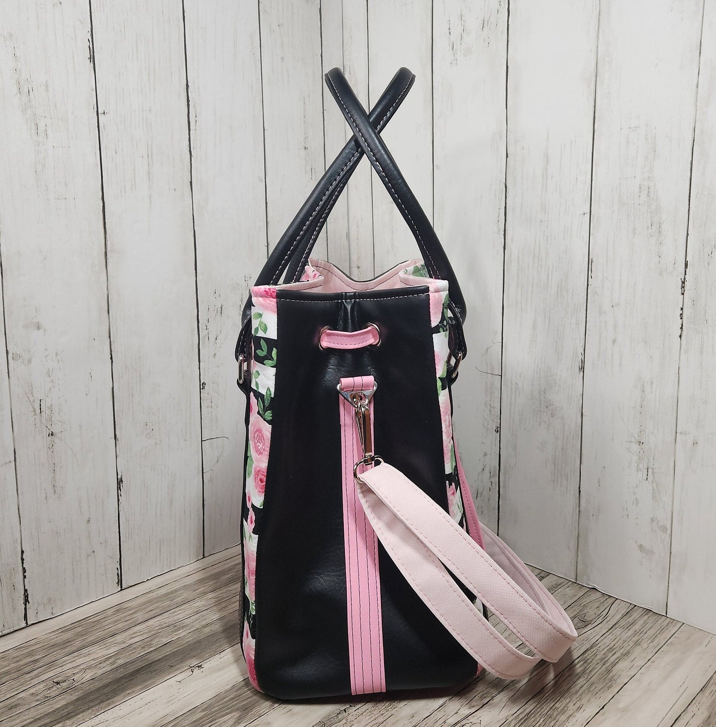 Pink and black rose drawstring purse, Handmade floral-themed bucket bag, One of a kind purse, Pink, black, white, Roses with stripes