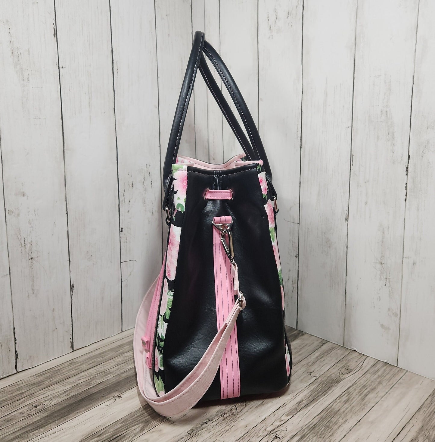 Pink and black rose drawstring purse, Handmade floral-themed bucket bag, One of a kind purse, Pink, black, white, Roses with stripes