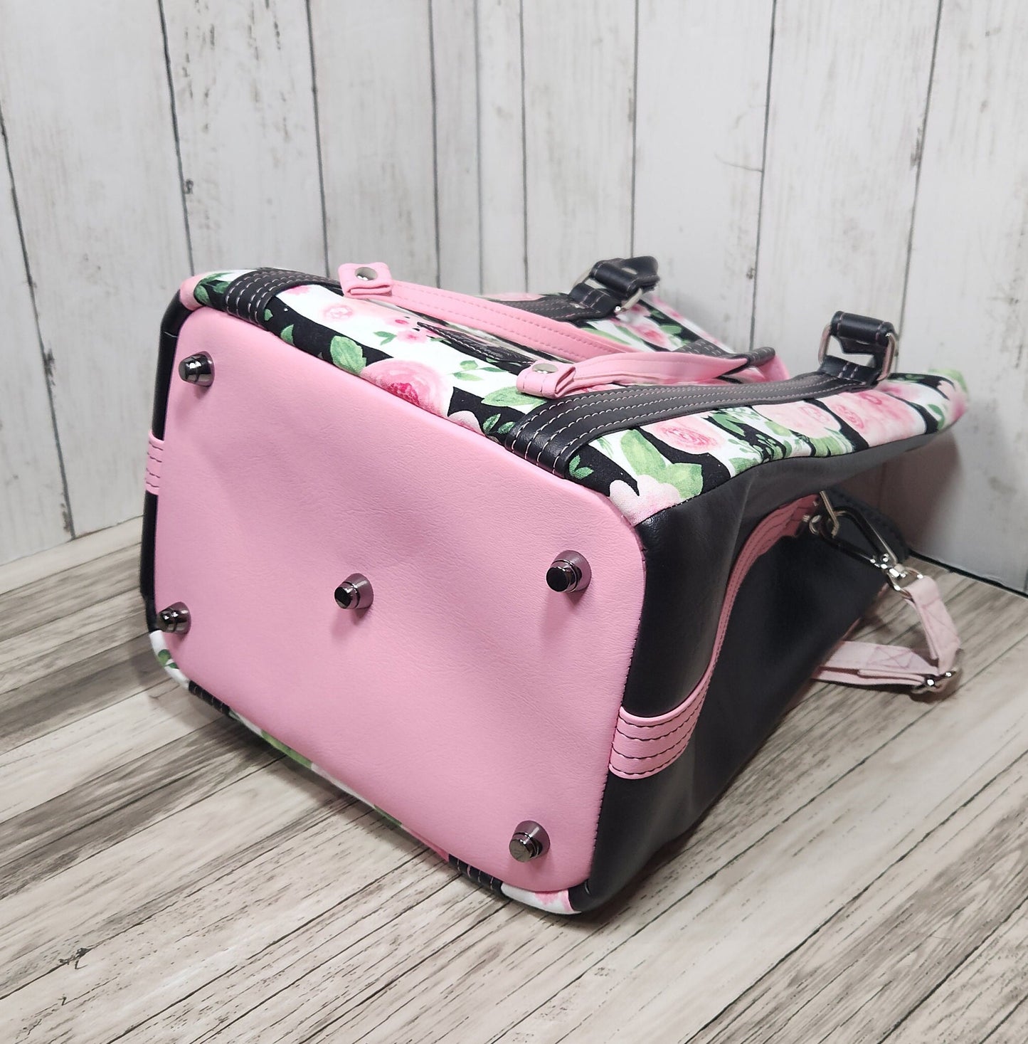 Pink and black rose drawstring purse, Handmade floral-themed bucket bag, One of a kind purse, Pink, black, white, Roses with stripes