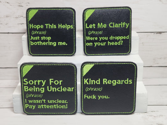 Passive aggressive drink coasters, Funny machine-embroidered coasters, Marine vinyl coasters, one-of-a-kind handmade coasters, house warming
