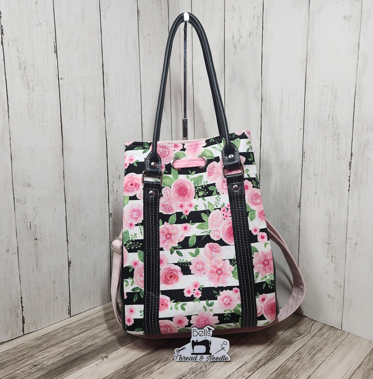 Pink and black rose drawstring purse, Handmade floral-themed bucket bag, One of a kind purse, Pink, black, white, Roses with stripes