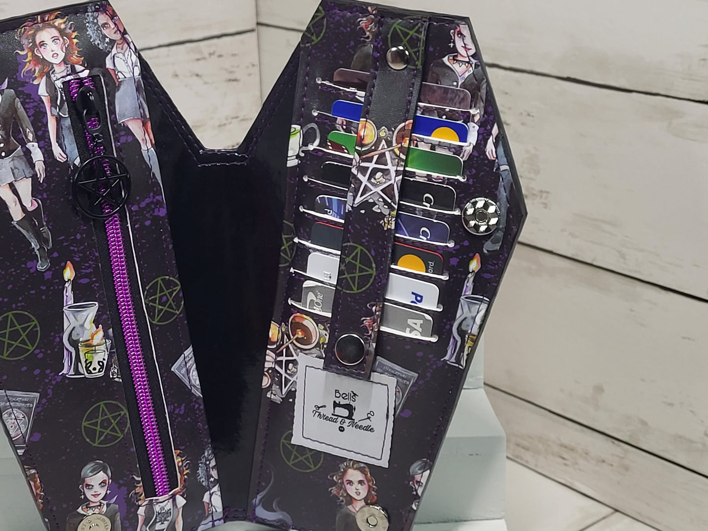Witch coffin wallet, coffin wallet, Occult slim wallet, Gothic card wallet, Macabre, Witches, Handmade, one of a kind, Halloween, spooky