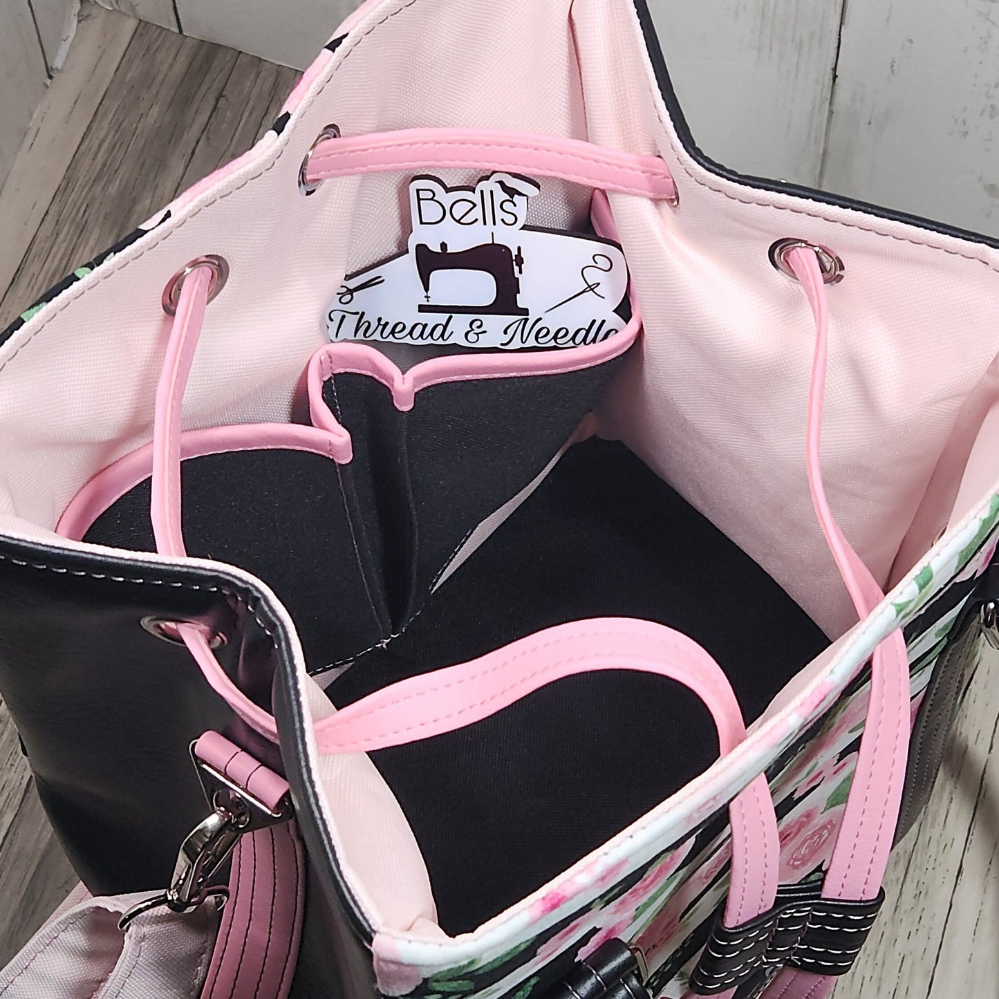 Pink and black rose drawstring purse, Handmade floral-themed bucket bag, One of a kind purse, Pink, black, white, Roses with stripes