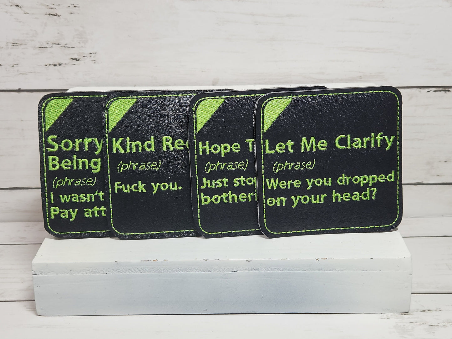 Passive aggressive drink coasters, Funny machine-embroidered coasters, Marine vinyl coasters, one-of-a-kind handmade coasters, house warming