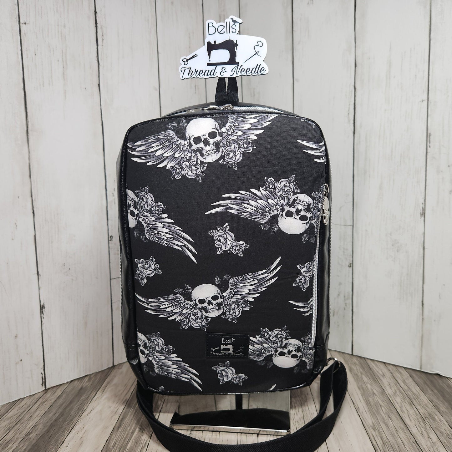 Gothic skull sling bag, Handmade one-of-a-kind skull shoulder bag, Skulls with wings, Across-the-body skull-themed bag, Skulls, and roses