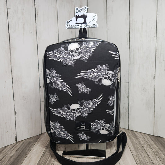 Gothic skull sling bag, Handmade one-of-a-kind skull shoulder bag, Skulls with wings, Across-the-body skull-themed bag, Skulls, and roses