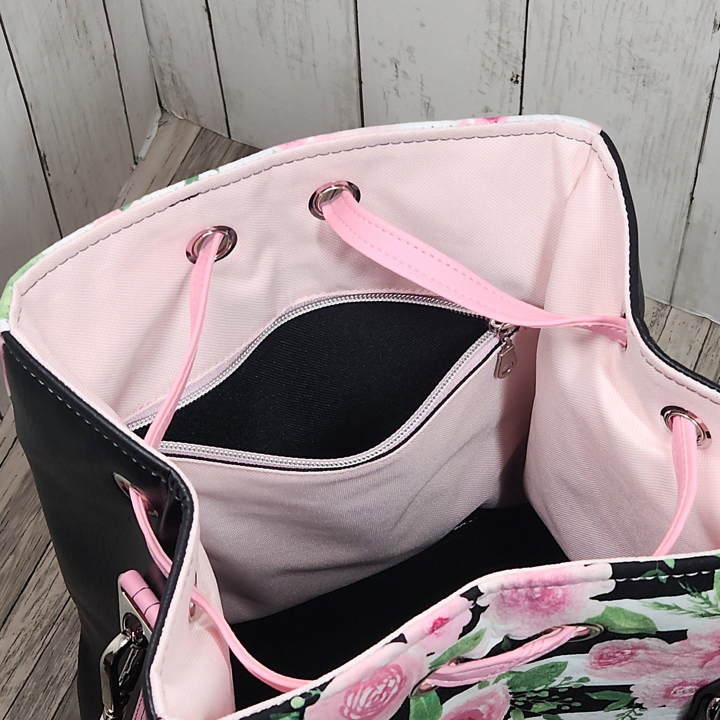 Pink and black rose drawstring purse, Handmade floral-themed bucket bag, One of a kind purse, Pink, black, white, Roses with stripes