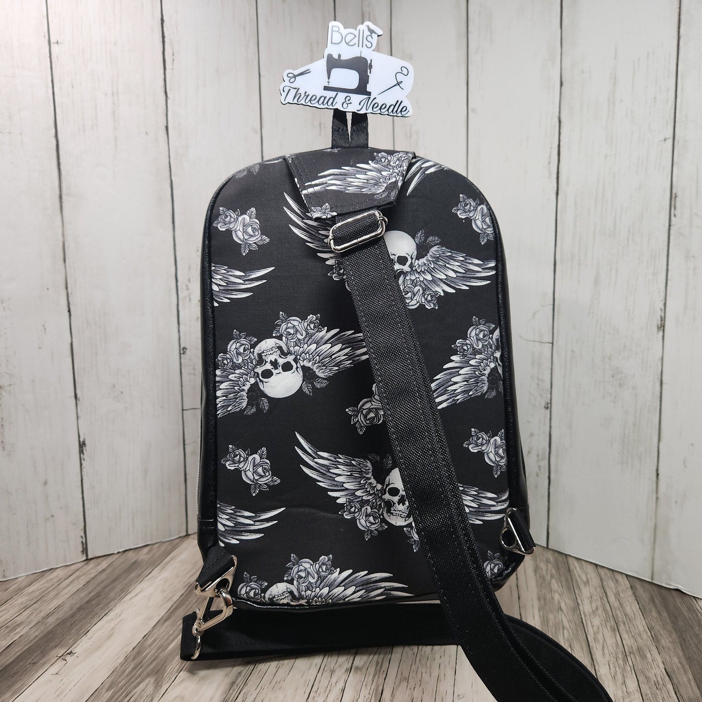 Gothic skull sling bag, Handmade one-of-a-kind skull shoulder bag, Skulls with wings, Across-the-body skull-themed bag, Skulls, and roses