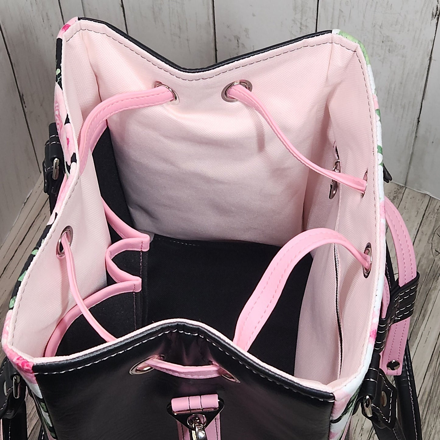 Pink and black rose drawstring purse, Handmade floral-themed bucket bag, One of a kind purse, Pink, black, white, Roses with stripes