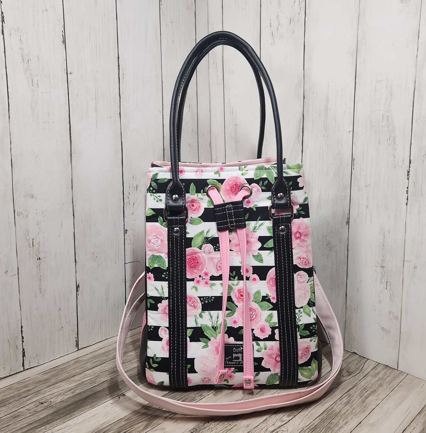 Pink and black rose drawstring purse, Handmade floral-themed bucket bag, One of a kind purse, Pink, black, white, Roses with stripes