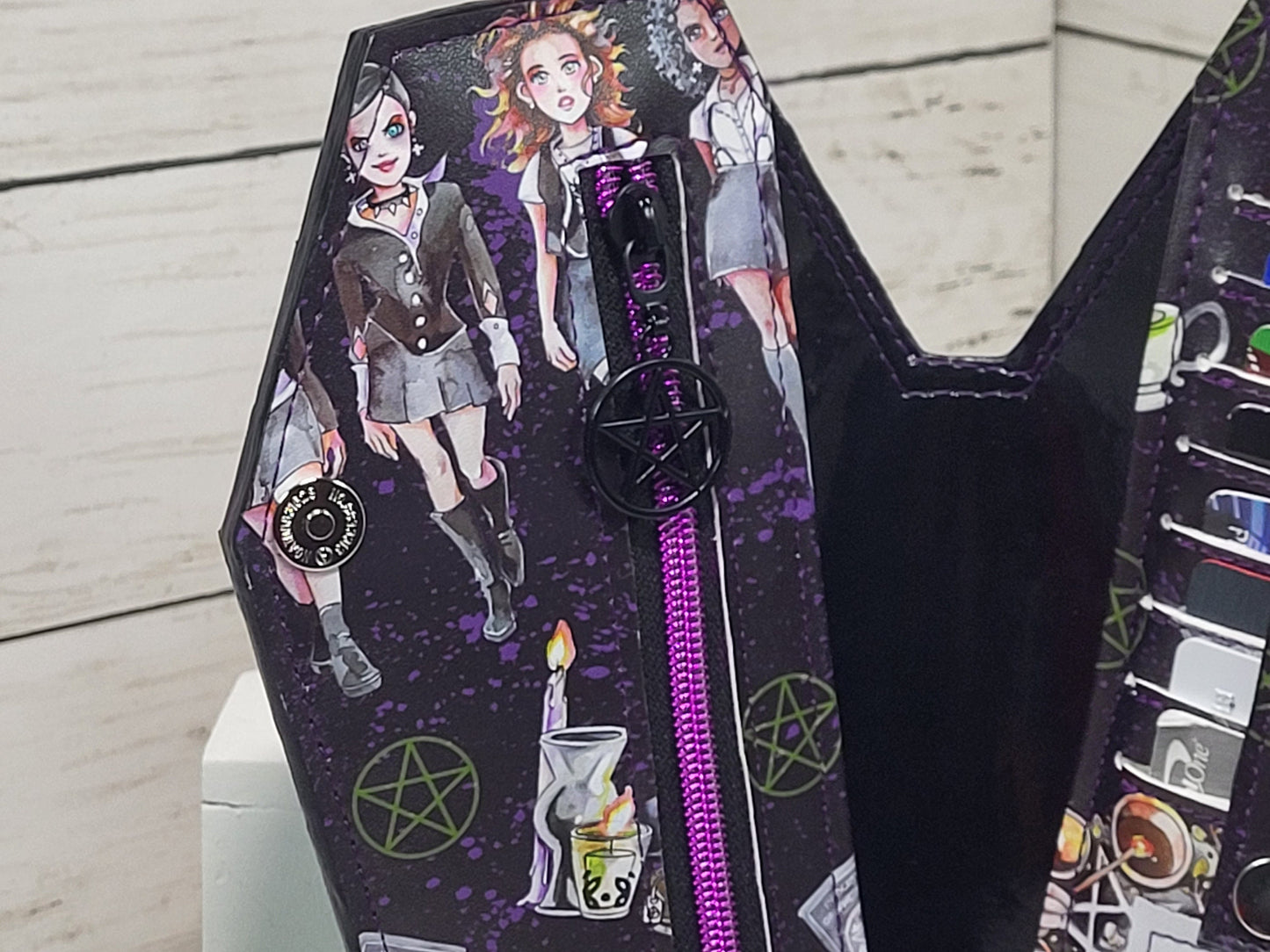 Witch coffin wallet, coffin wallet, Occult slim wallet, Gothic card wallet, Macabre, Witches, Handmade, one of a kind, Halloween, spooky