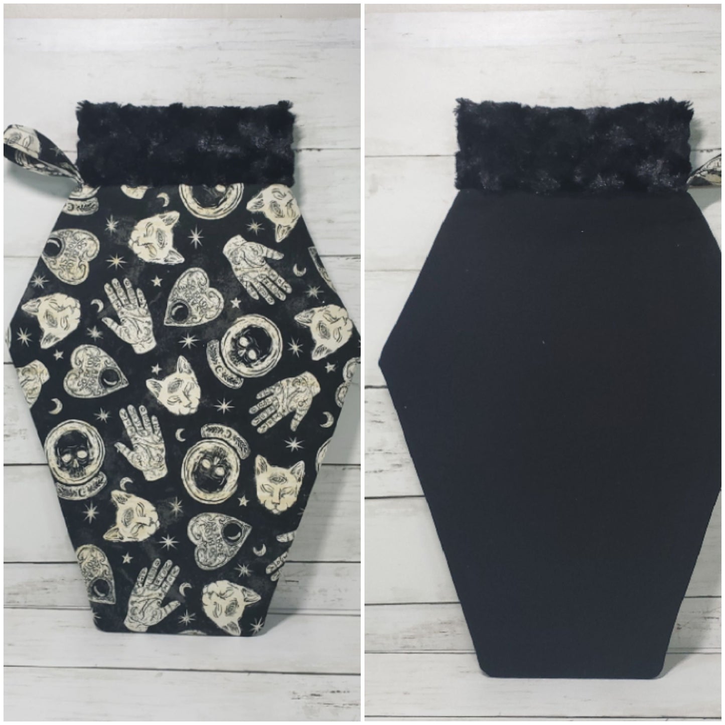 Coffin stockings, Gothic christmas stocking, Goth christmas decor, Spooky christmas decor, Skulls, Occult, Blackcats, Spiderwebs, Handmade