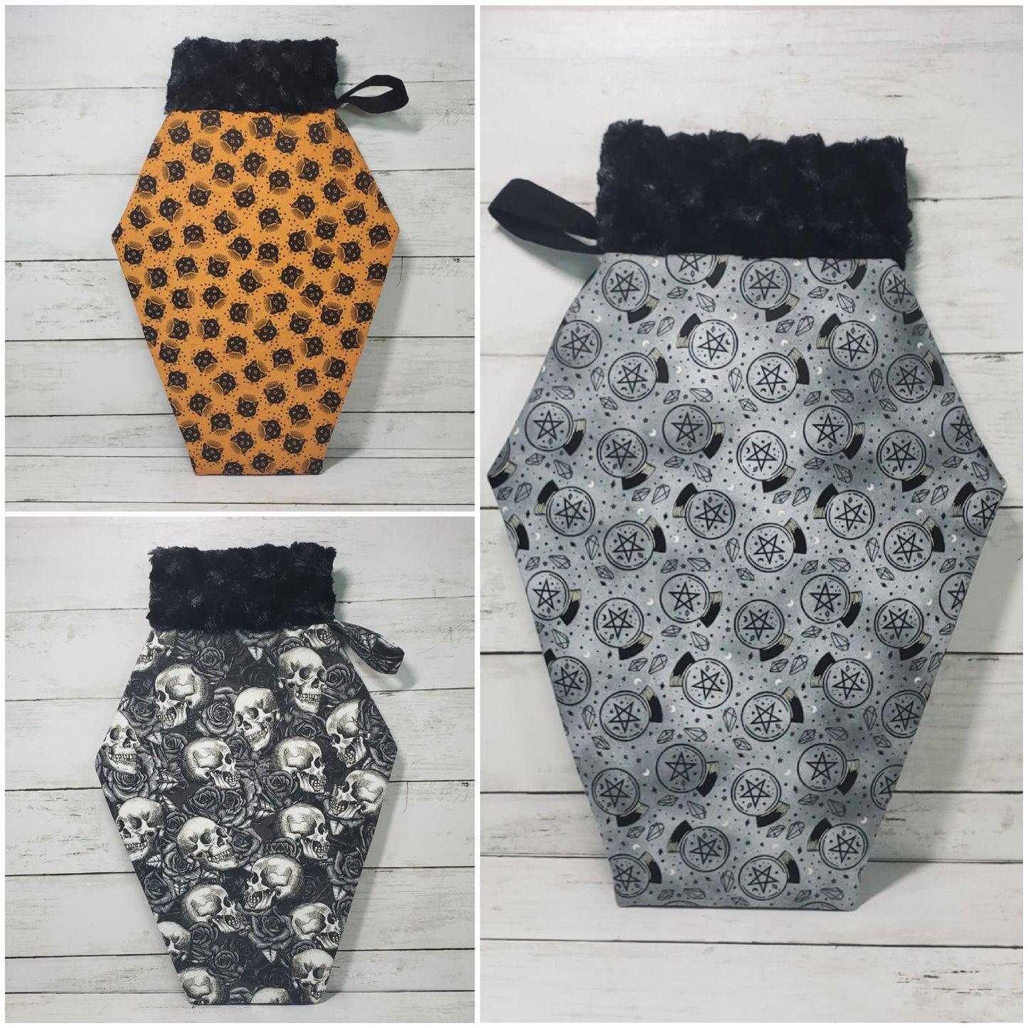 Coffin stockings, Gothic christmas stocking, Goth christmas decor, Spooky christmas decor, Skulls, Occult, Blackcats, Spiderwebs, Handmade