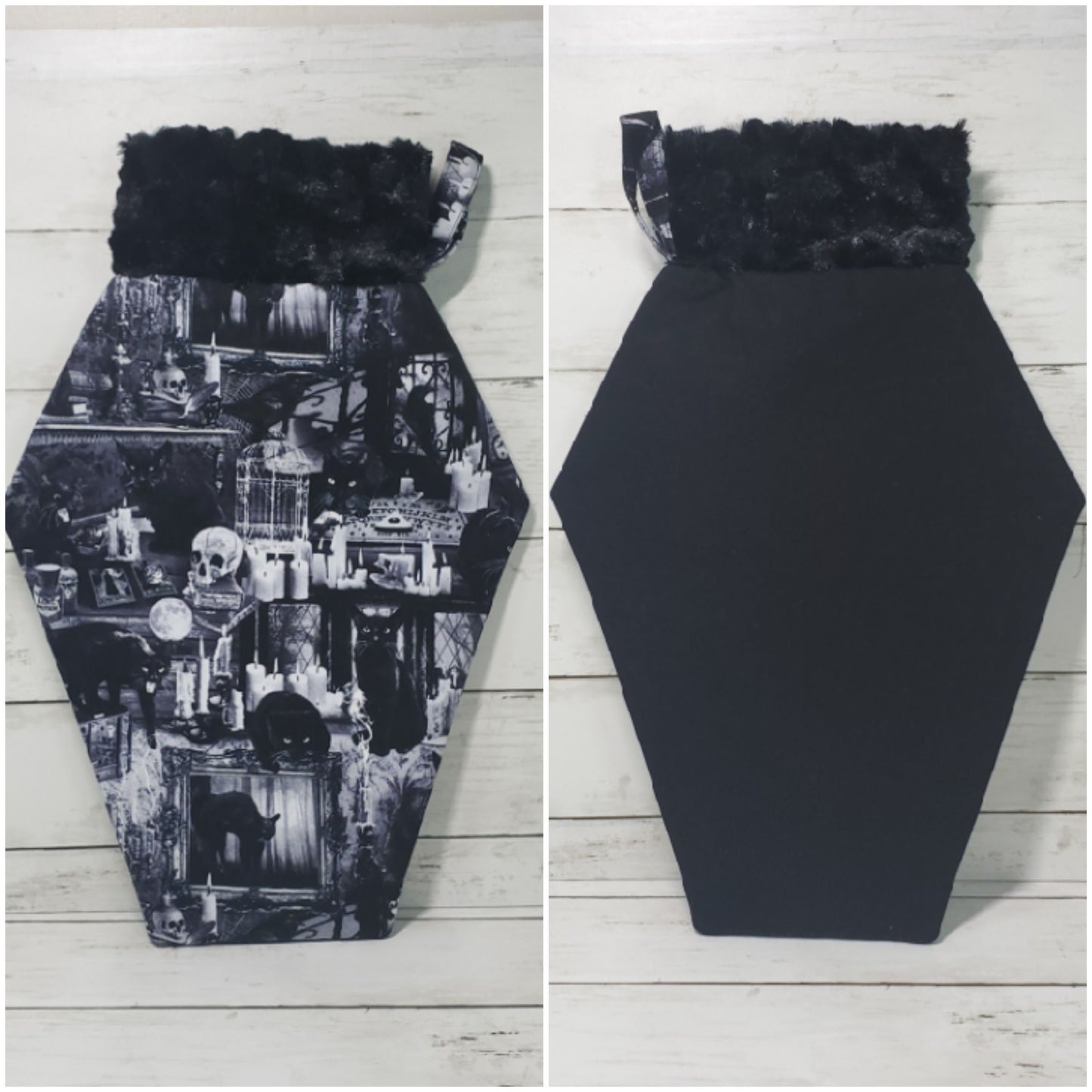 Coffin stockings, Gothic christmas stocking, Goth christmas decor, Spooky christmas decor, Skulls, Occult, Blackcats, Spiderwebs, Handmade