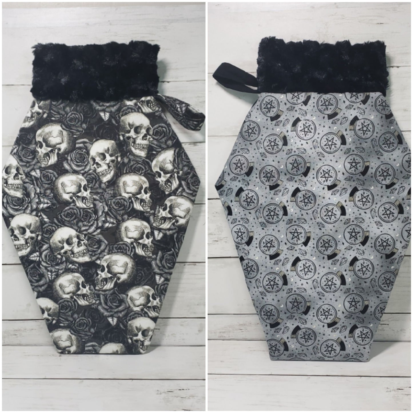 Coffin stockings, Gothic christmas stocking, Goth christmas decor, Spooky christmas decor, Skulls, Occult, Blackcats, Spiderwebs, Handmade