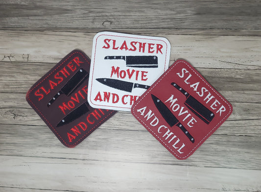 Horror-themed coasters, Slasher Movie and Chill Coasters, Embroidered Halloween-themed drink coasters, Handmade Horror movie decor coasters.