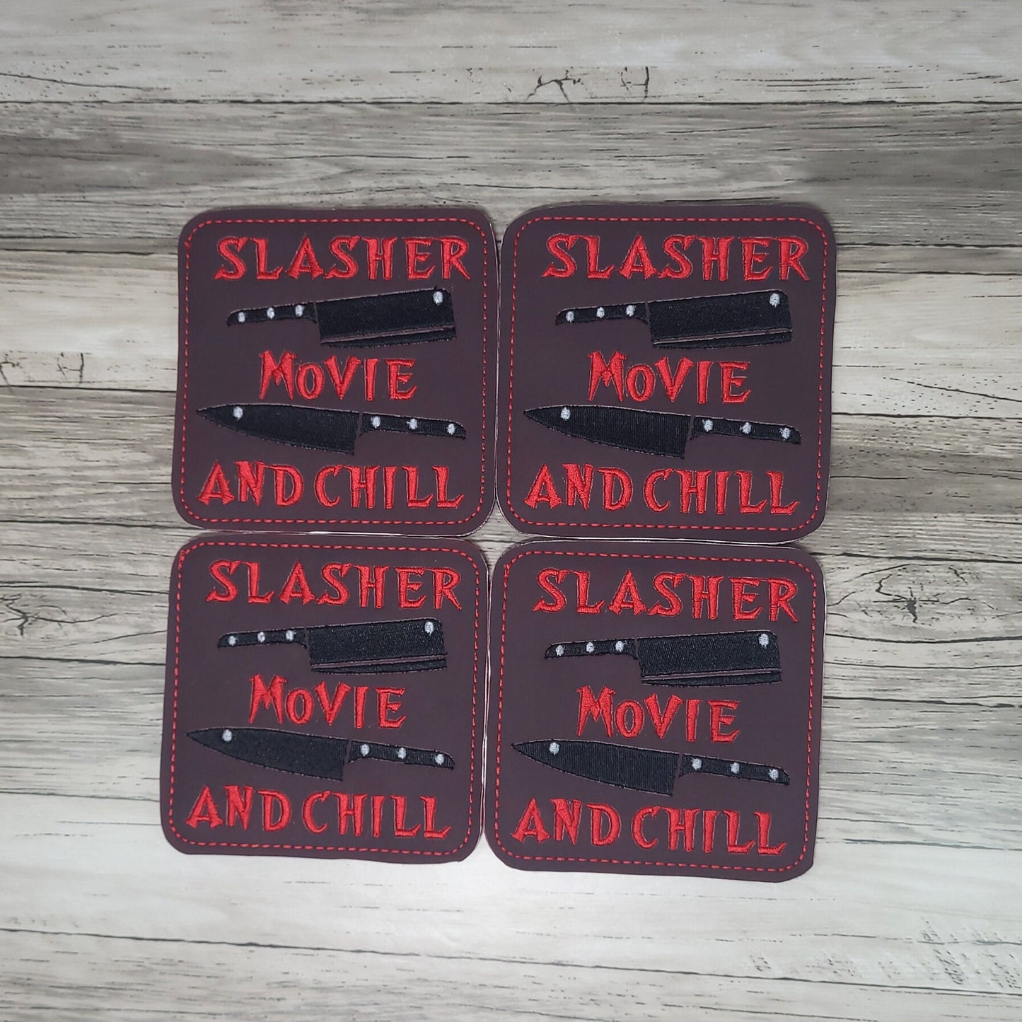 Horror-themed coasters, Slasher Movie and Chill Coasters, Embroidered Halloween-themed drink coasters, Handmade Horror movie decor coasters.