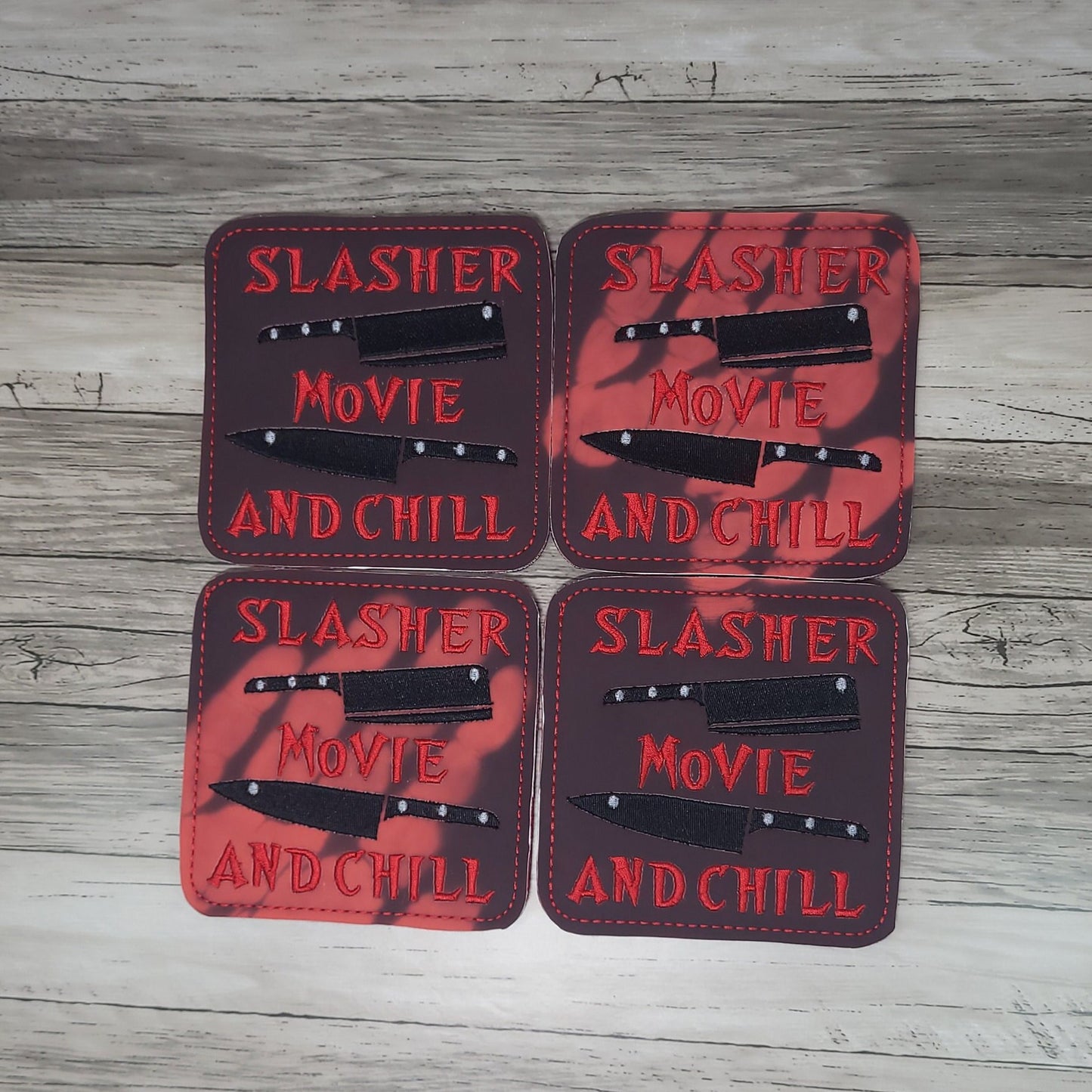 Horror-themed coasters, Slasher Movie and Chill Coasters, Embroidered Halloween-themed drink coasters, Handmade Horror movie decor coasters.
