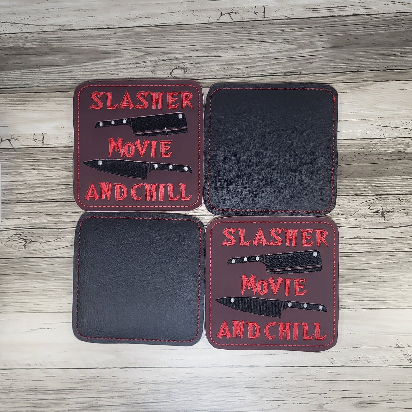 Horror-themed coasters, Slasher Movie and Chill Coasters, Embroidered Halloween-themed drink coasters, Handmade Horror movie decor coasters.