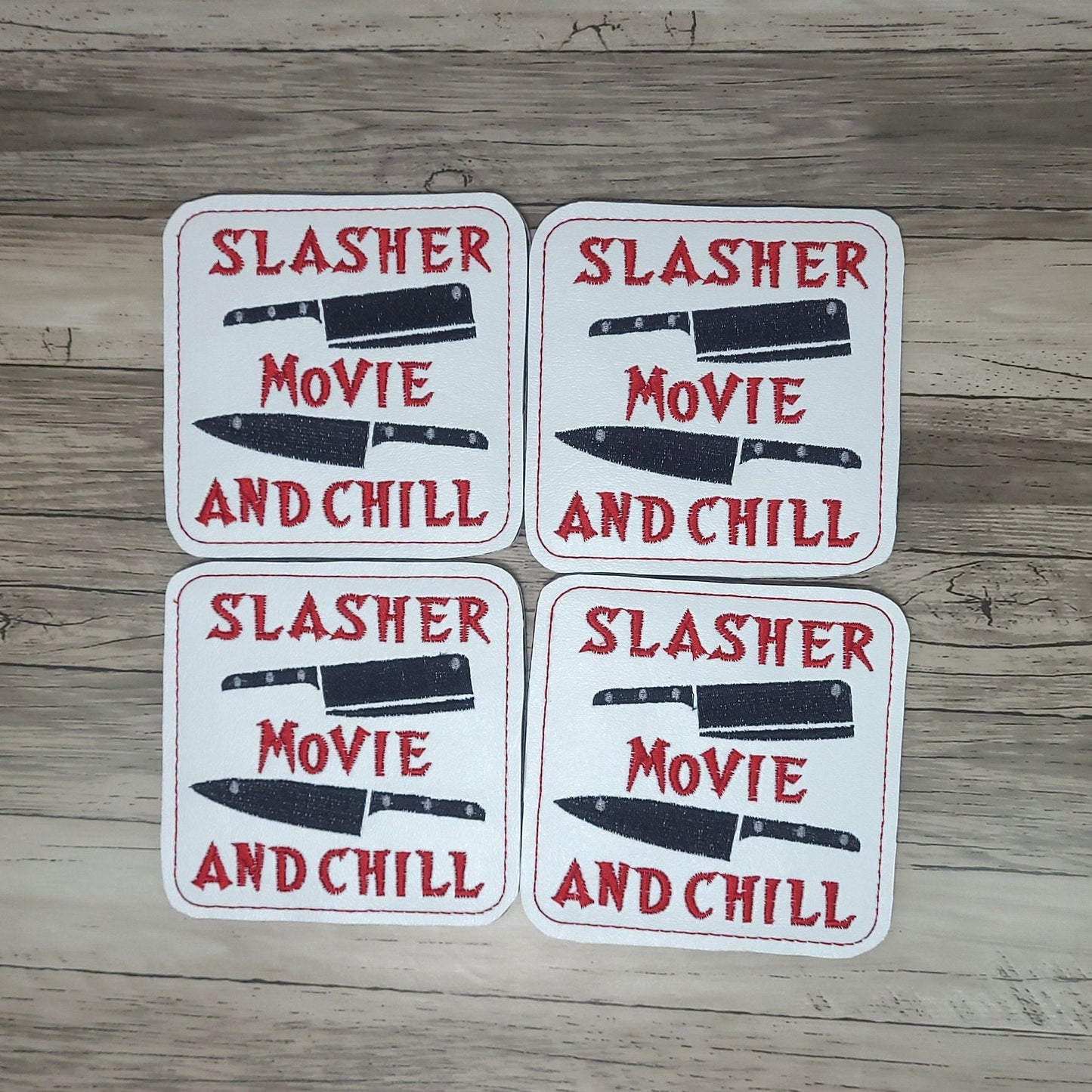 Horror-themed coasters, Slasher Movie and Chill Coasters, Embroidered Halloween-themed drink coasters, Handmade Horror movie decor coasters.