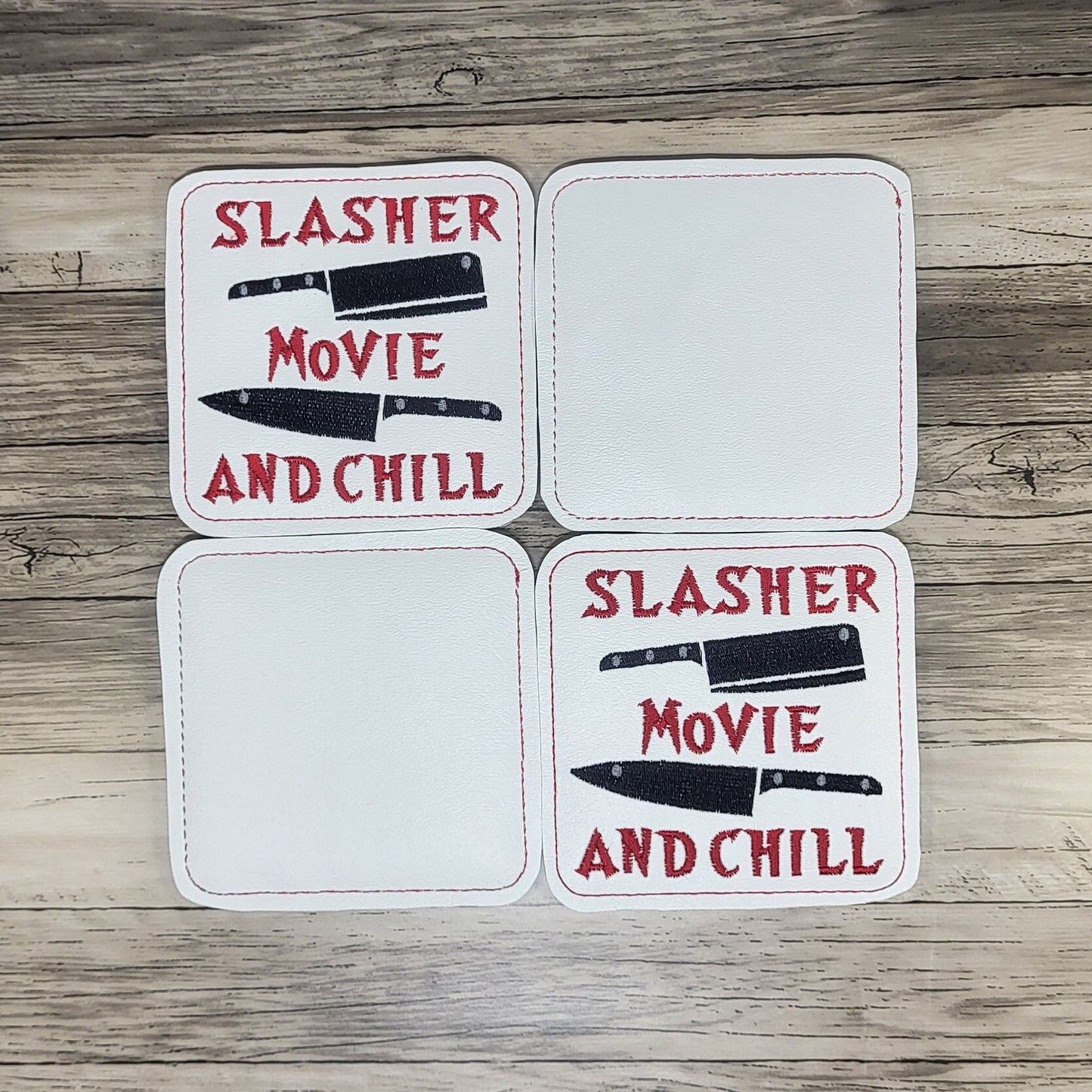 Horror-themed coasters, Slasher Movie and Chill Coasters, Embroidered Halloween-themed drink coasters, Handmade Horror movie decor coasters.