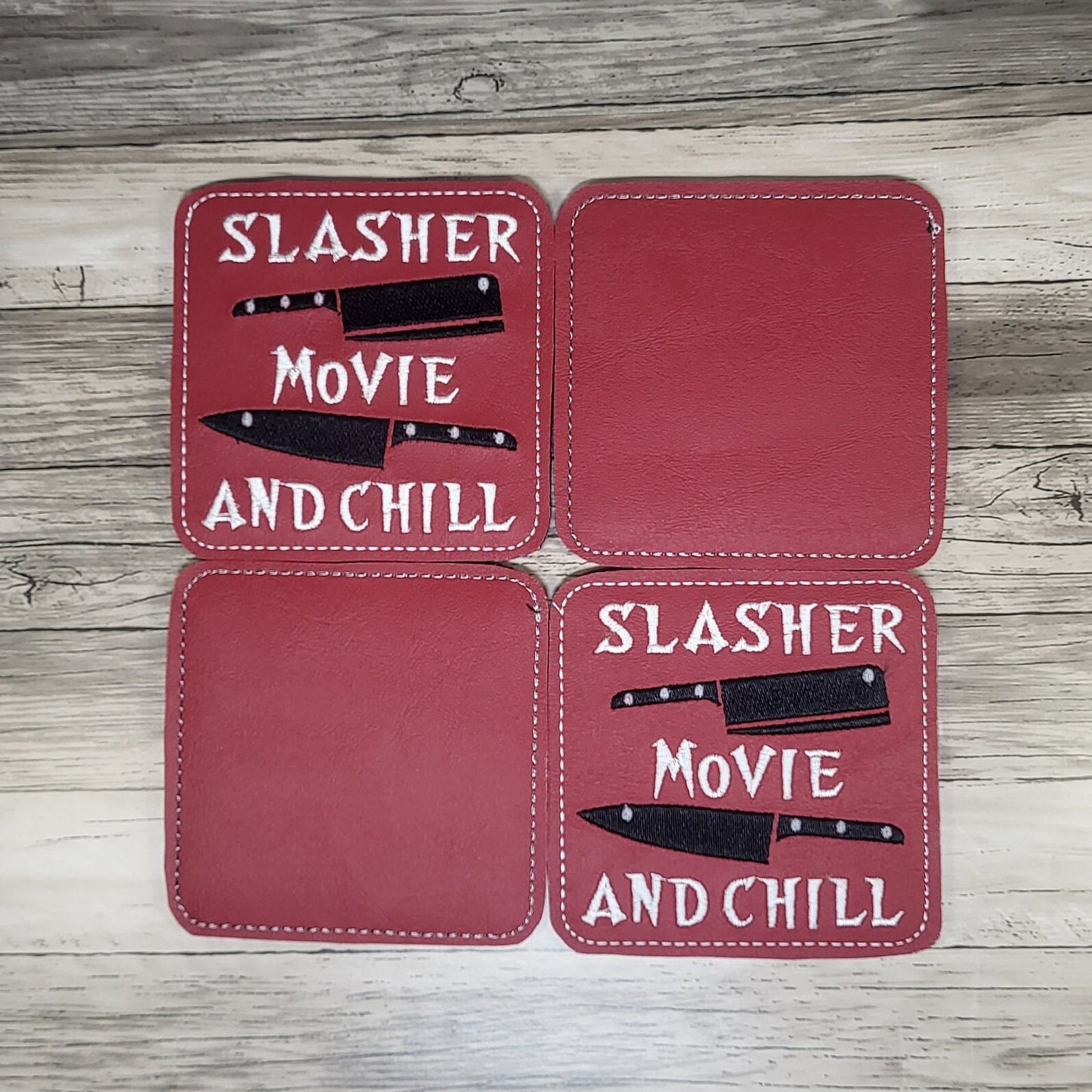 Horror-themed coasters, Slasher Movie and Chill Coasters, Embroidered Halloween-themed drink coasters, Handmade Horror movie decor coasters.