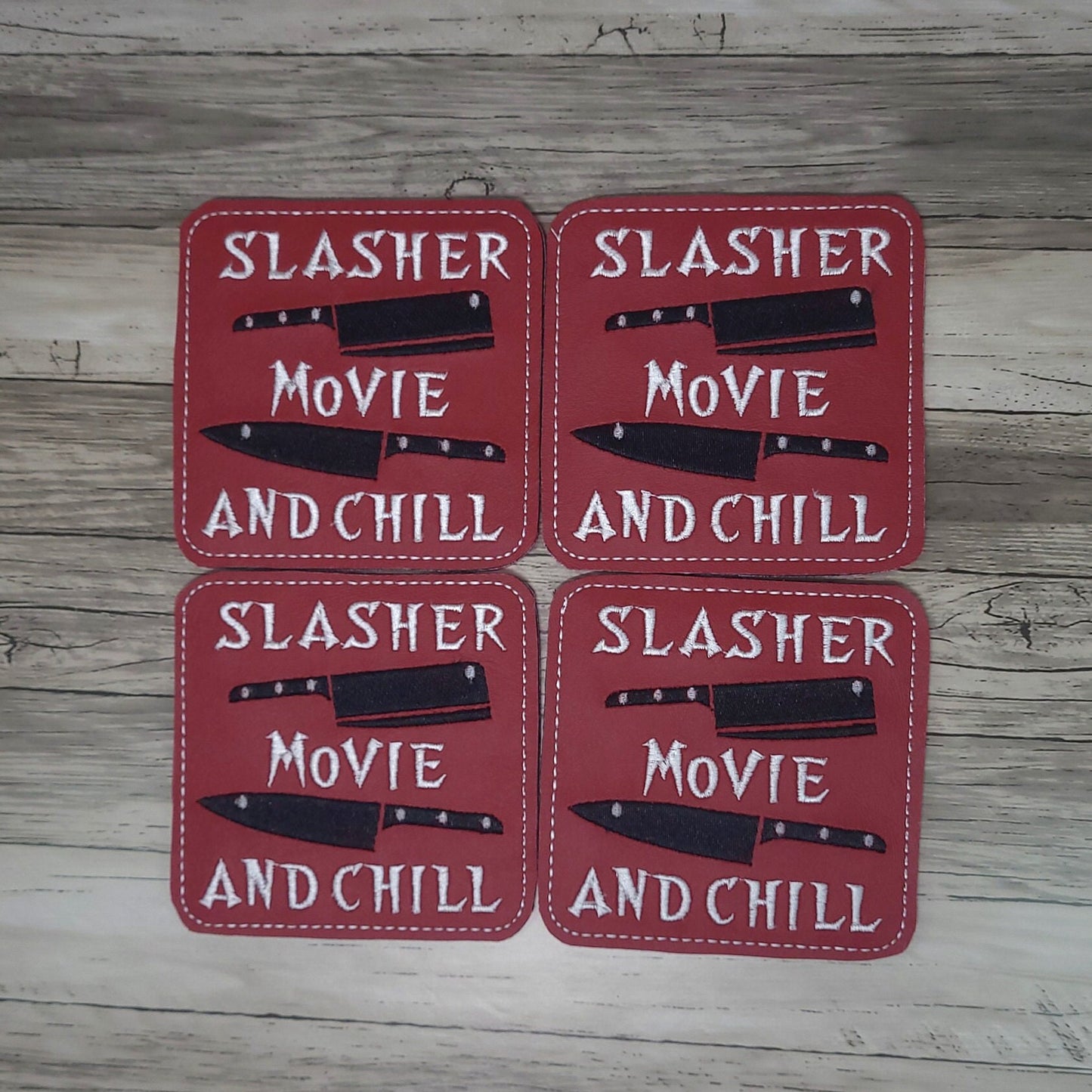 Horror-themed coasters, Slasher Movie and Chill Coasters, Embroidered Halloween-themed drink coasters, Handmade Horror movie decor coasters.