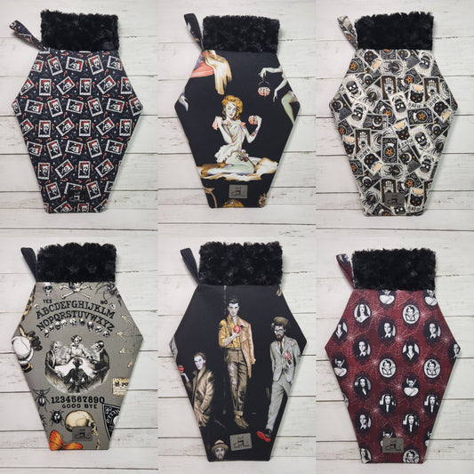 Coffin stockings, Gothic christmas stocking, Goth christmas decor, Handmade coffin stockings, Gothmas, Creepmas, Skulls, Zombies, Ghostface