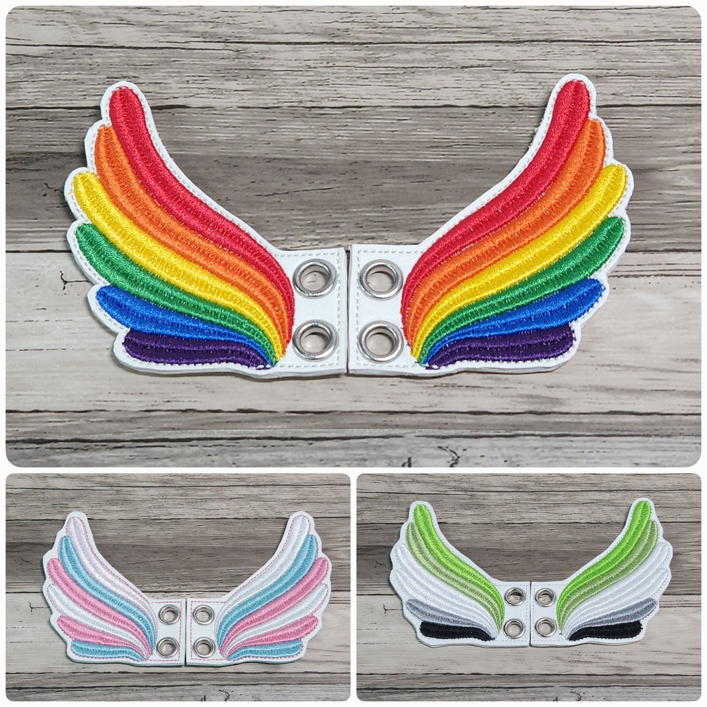 Shoe charms, Rainbow shoe wings, Pride, LGBTQIA, Shoe accessories, Embroidery, In the hoop, Handmade, Boot charms, Boot Accessories