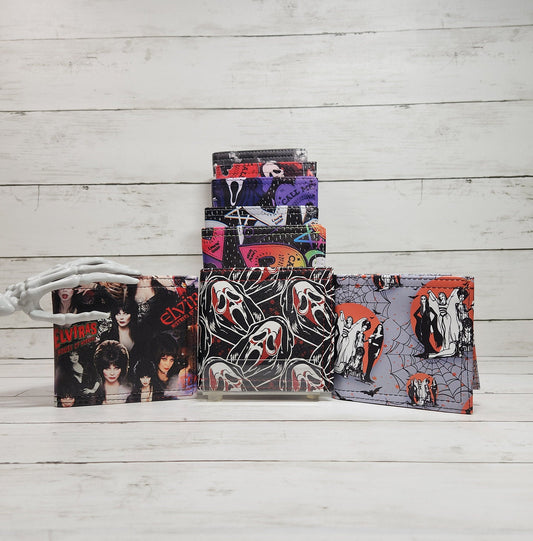 Gothic bi-fold wallets, Horror-themed wallets, Handmade one-of-a-kind wallet, Women of horror, Slasher movie, monster bride, Spooky, Macabre