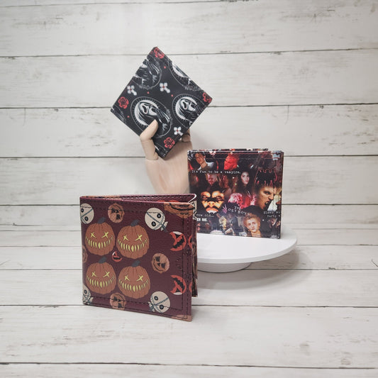Gothic bi-fold wallets, Horror-themed wallets, Handmade one-of-a-kind wallets, Pumpkin kid, Slasher movie, Vampires, Spooky, Macabre