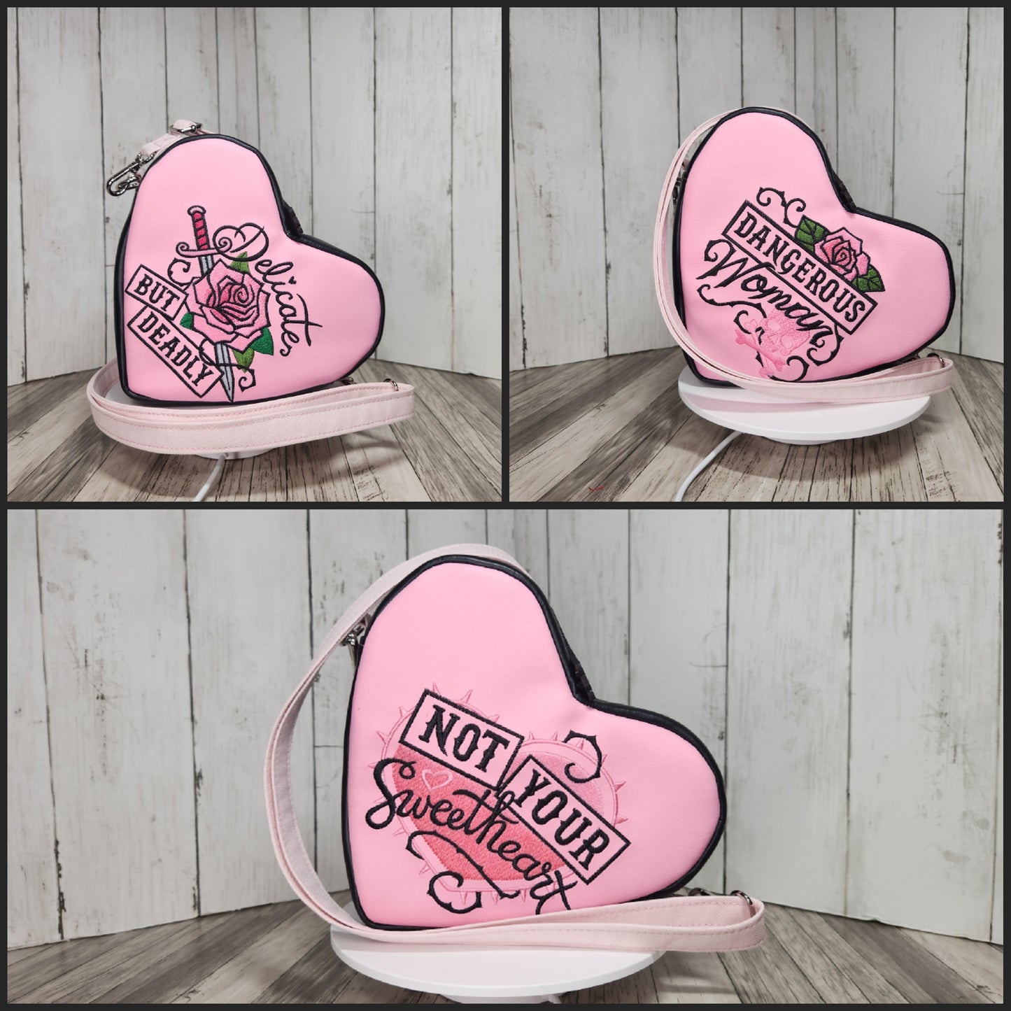 Lil heartbreaker crossbody bags, Handmade one-of-a-kind heart purses, Not Your Sweetheart, Dangerous Woman, Delicate but Deadly, Embroidery