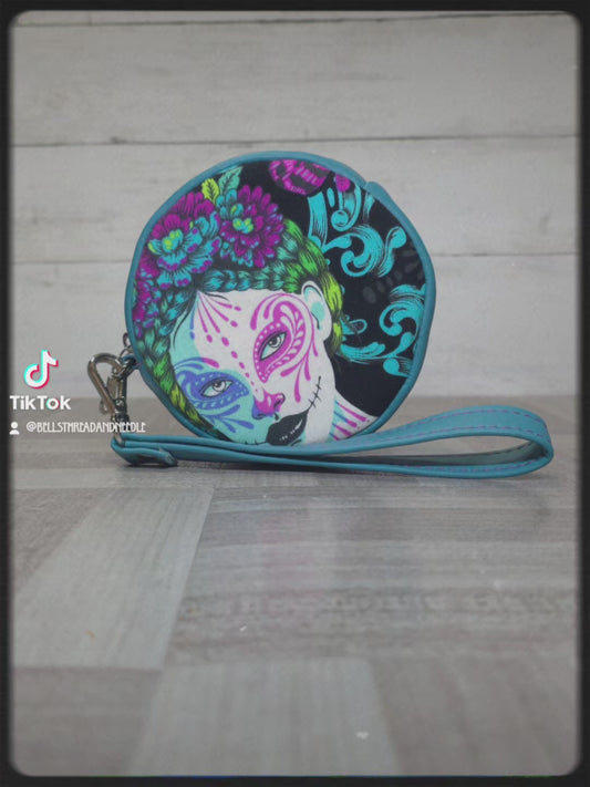 Handmade sugar skull mini circle wristlet, Small Round wristlet, Gift for her