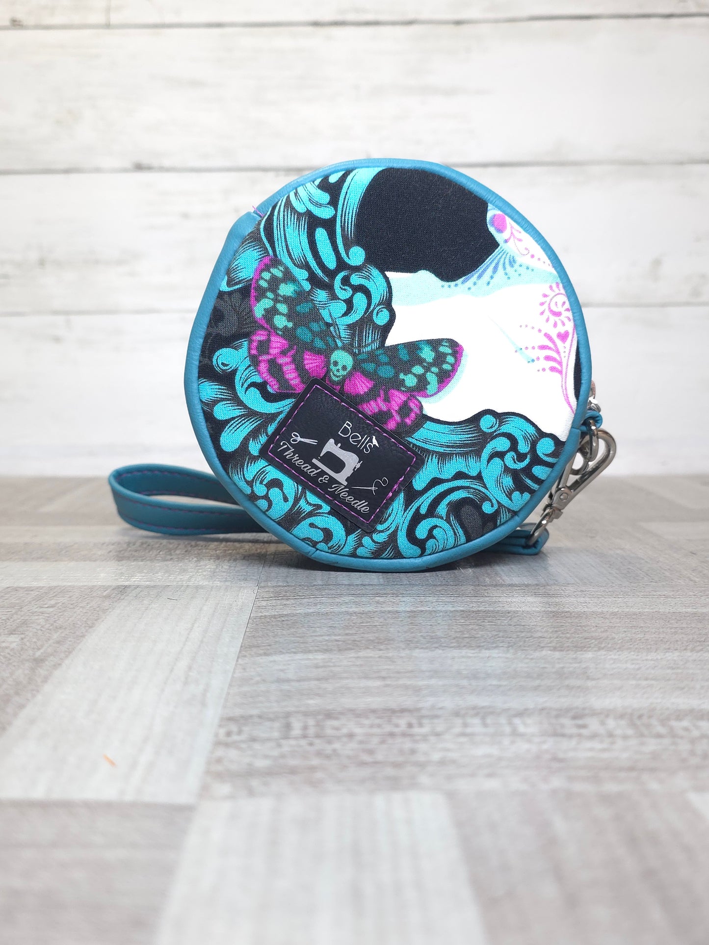 Handmade sugar skull mini circle wristlet, Small Round wristlet, Gift for her