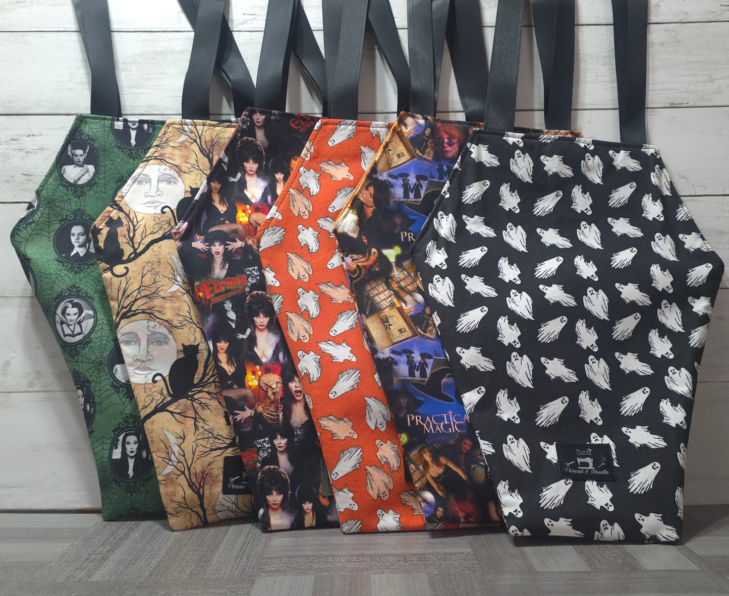 Spooky gothic coffin totes, Handmade macabre market bag, one of a kind